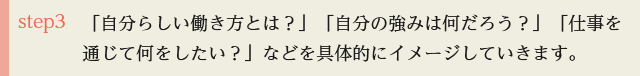 step3 「自分らしい働き方とは?」「自分の強みは何だろう?」「仕事を通じて何をしたい?」などを具体的にイメージしていきます。